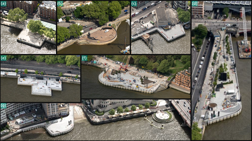 Aerial views of riverfront developments along a Thames river location, showcasing various docks, seating areas, and construction activities in different sections.