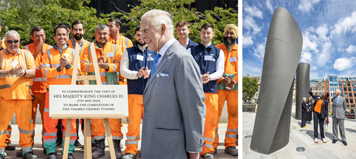 A group of construction workers in orange uniforms applaud as King Charles 3 approaches a commemorative plaque, marking the Thames Tideway Tunnel completion.