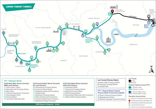 Map of London Tideway Tunnels showing main tunnels, pumping stations, and associated infrastructure, along with annotations indicating various sites and their functions.