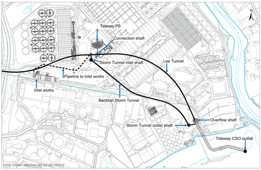 A detailed map showing a wastewater management system layout, highlighting key structures such as tunnels, shafts, and various inlet works associated with stormwater management.