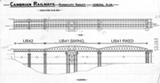 An engineering drawing shows Cambrian Railways Barmouth Viaduct general plan and elevation with spans U B 4 2, U B 4 1 swing, and U B 4 1 fixed.
