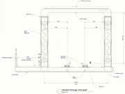 An engineering section diagram through the mid span of a railway truss bridge shows labelled structural members, rail components, footway decking, and dimension annotations.