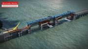 An illustration shows bridge blockade works during the demolition of an existing bridge span above water.