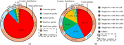 Two nested pie charts compare main girder types and cross-sections, with outer rings dividing each category between China and other countries.