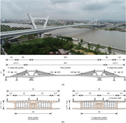 A cable-stayed bridge view, elevation and two girder cross-sections provide span, tower, cable and structural dimensions.