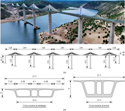 A multi-tower cable-stayed bridge photograph, elevation and two deck cross-sections provide span, pier and structural dimensions.