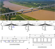 A cable-stayed bridge view, elevation and cross-sections provide span, tower, deck and cable dimensions and identifiers.