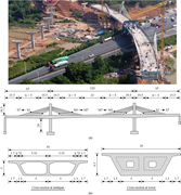 A cable-stayed bridge view, elevation and two cross-sections provide span, tower, cable and deck dimensions and identifiers.