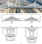 A cable-stayed bridge view, elevation and two tower cross-sections provide span, tower, cable and structural dimensions.
