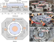 Elevation and plan views with three view describe a bridge turntable system, including traction, support, bearing, hinge and platform components.