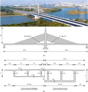 A cable-stayed bridge view, elevation and deck cross-section provide span, tower, cable and structural dimensions.