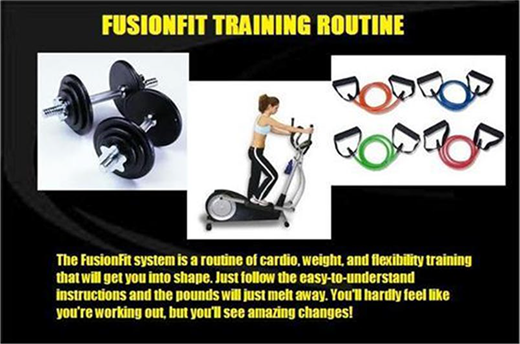 An Image depicts a Fusion Fit training routine with weights, a woman exercising, and resistance bands.