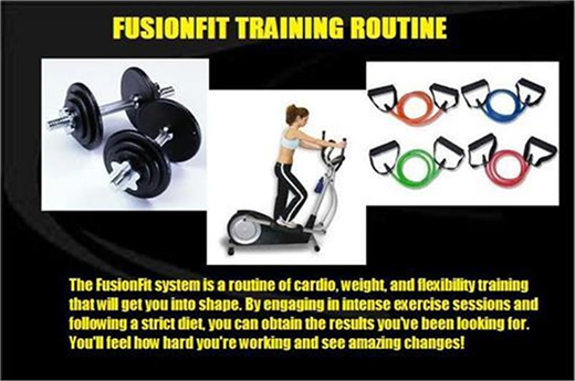 An Image depicts a fusion fit training routine with weights, a woman exercising and resistance bands.