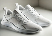 A pair of white athletic shoes are displayed on a light surface. The shoes feature a smooth design with textured panels and lace-up fronts.