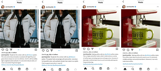 A Composite screenshot compares four social media posts promoting a winter jacket and a coffee maker with differing review text.