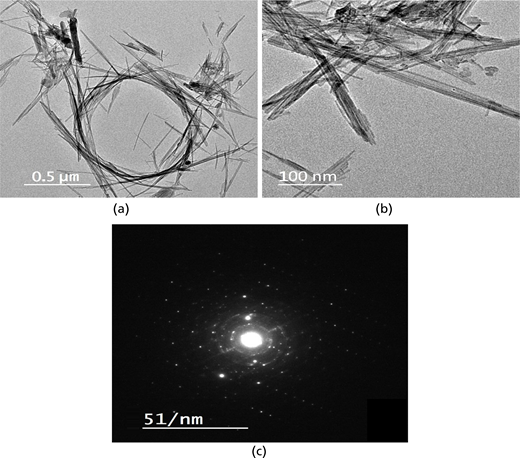 Two images display elongated crystal structures under electron microscopy, with scale bars indicating sizes of 0.5 micrometres and 100 nanometres. A third image shows a diffraction pattern.