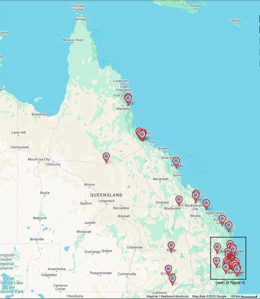 A map of Queensland shows locations marked along the eastern coast and inland, with a concentration around Brisbane and the Gold Coast.