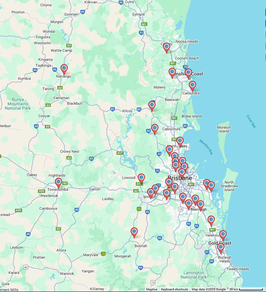 A map of south east Queensland shows marked locations concentrated around Brisbane, the Sunshine Coast, the Gold Coast and nearby inland towns.