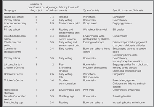 Summary of the types of settings, the focus of the work and the issues and interests practitioners sought to address Refer to the image caption for details.