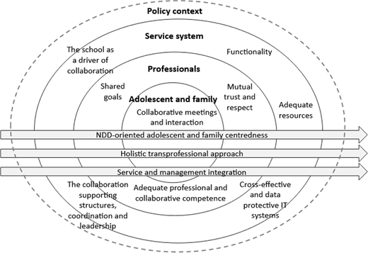 A concentric model illustrates collaboration for adolescent and family care, integrating policy context, service systems, professionals, and families with shared goals, trust, resources, and coordination.