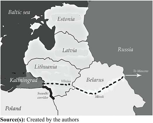 A map showing Kaliningrad, Lithuania, Belarus, and surrounding countries with the Suwalki corridor and direction to Moscow.