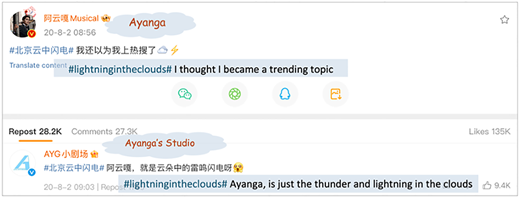 Two social media posts about Ayanga and “hashtag lightning in the clouds”, mentioning trending and thunder in the clouds.