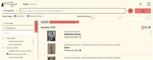 A screenshot of an art research website page showing photographic works filtered by the photographer “Domenico Anderson”.