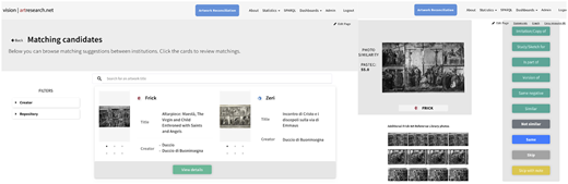 A figure of two screenshots of an artwork reconciliation page shows photo similarity results, with a main reference image.