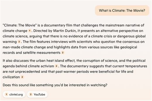 A figure shows a chat interface that provides an overview of the documentary film “Climate: The Movie” with source citations.