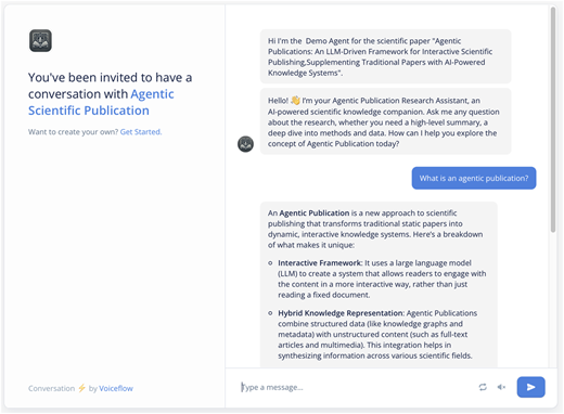 Chat-based Agentic Publication interface: users ask questions about a paper and receive A I-generated, structured responses.