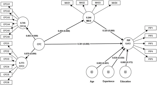 A diagram showing the relationships between CFC, MAS, and PIP with their respective values and connections.