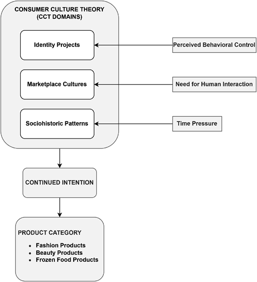 A model shows links between C C T domains, external factors, continued intention, and product category outcomes.