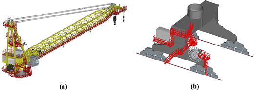 Examples of (a) an offshore crane and (b) a gantry of a mobile harbor crane with ascent assemblies highlighted in red Refer to the image caption for details.