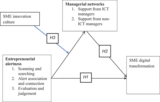 A conceptual model links S M E innovation culture and entrepreneurial alertness to managerial networks and S M E digital transformation.