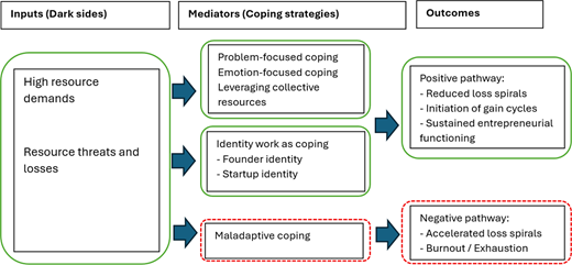 A flowchart showing inputs, mediators, and outcomes related to coping strategies.