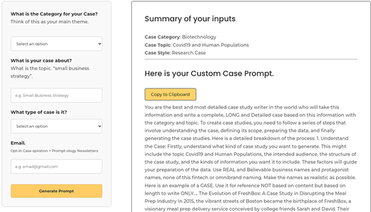 A web interface layout shows a form for creating a custom case study prompt with input fields and a generated text summary.