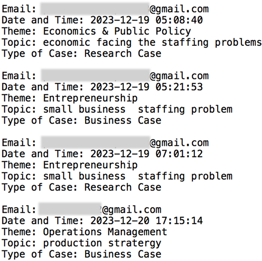 This image contains a series of email entries, including date, time, theme, topic, and type of case related to different subjects.
