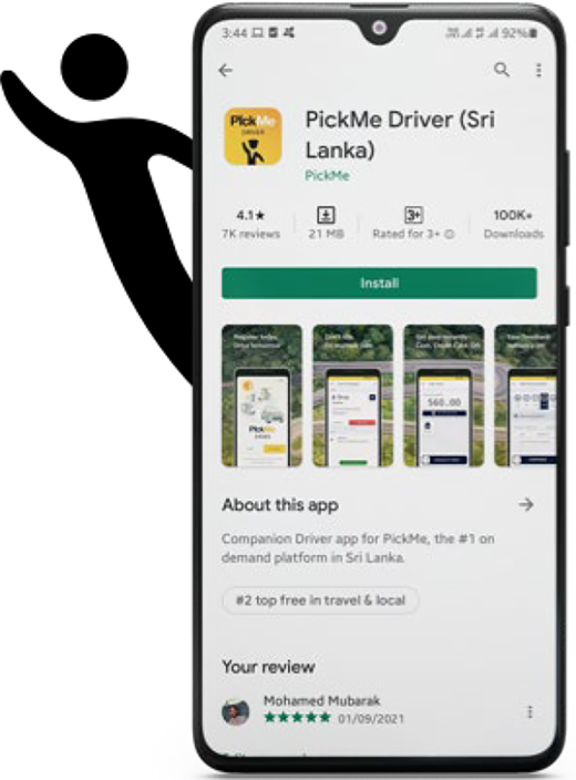 A mobile application screen depicts the Pick-Me Driver Sri Lanka app listing with rating, install button, preview screens, and app details.