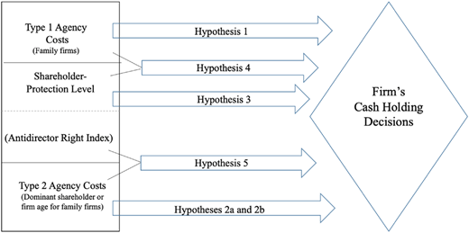 A diagram links hypotheses about agency costs and shareholder protection to a firm’s cash holding decisions.