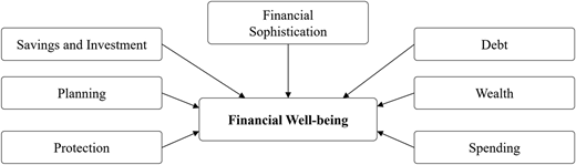 A diagram shows financial well-being connected to savings, planning, protection, debt, wealth, spending, and financial sophistication.