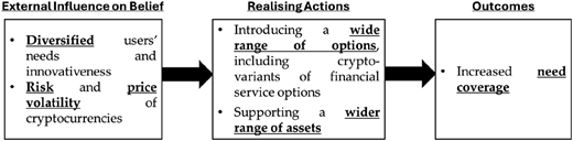 A flow diagram showing external influence on belief leading to realising actions and outcomes.