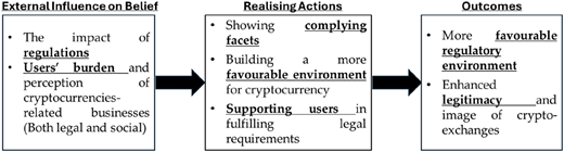 A flow diagram showing external influence on belief leading to realising actions and outcomes.
