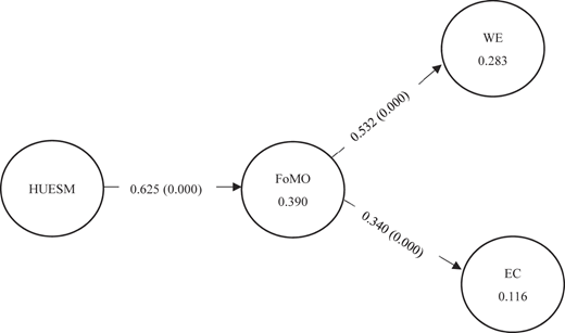 A diagram showing relationships between HUESM, FoMO, WE, and EC.