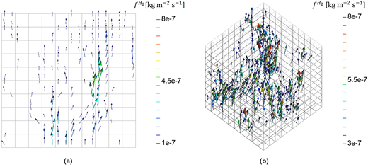 Flow visualisation of a vector field is shown in two representations, one in a 2 D grid and the other in a 3 D space, with colour gradients indicating varying values.