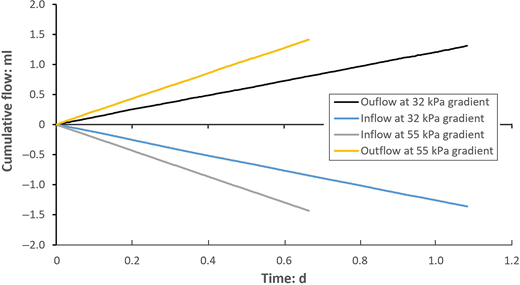 A graph shows cumulative flow versus time under 32 kilo pascal and 55 kilo pascal gradients.