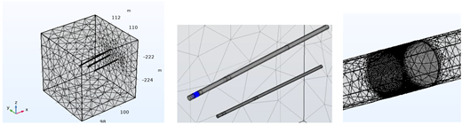 A series of three 3D models showing a cube with a mesh structure, two cylindrical rods, and a tube connecting two spheres, all with wireframe details.