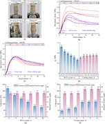 Failure photographs, stress-strain curves, and bar charts compare wetting-drying cycles and curing times under triaxial shear conditions.