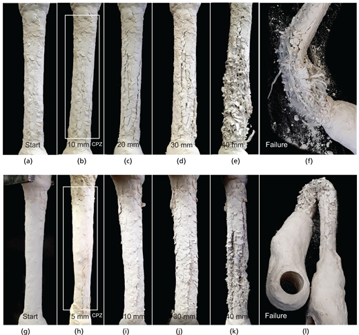 A multi-panel sequence showing surface cracking, material shedding, and final fibre exposed failure at increasing displacement levels.