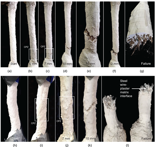 A multi-panel sequence showing crack initiation, propagation zones, and final failure with exposed fibres and matrix interface.