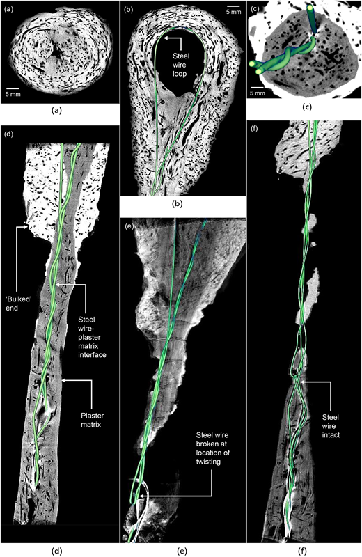A multi-panel set of cross-sectional scans showing internal wire loops, fibre paths, and fracture behaviour within plaster matrix specimens.